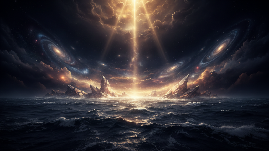 Cenário bíblico da criação vasto vazio escuro sendo suavemente iluminado por uma luz dourada vinda do alto, atmosfera celestial, águas profundas abaixo, sensação de ordem surgindo do caos, estilo realista, iluminação divina, sem personagens humanos, arte inspiradora e reverente.