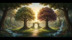 Ilustração bíblica realista do Jardim do Éden ao amanhecer, luz dourada suave atravessando árvores frondosas, atmosfera de paz e pureza, caminho central entre a árvore da vida e a árvore do conhecimento